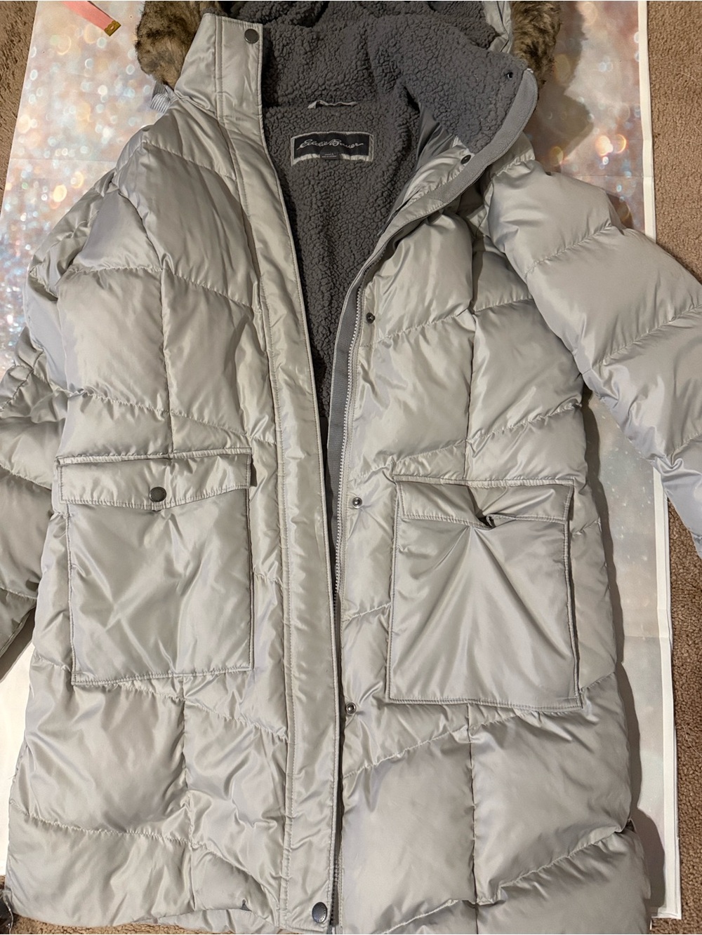 Eddie Bauer Gray Sherpa-Lined puffer Jacket size large